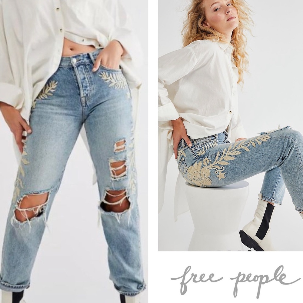 NWT Free People Bren Embroidered Boyfriend Jeans - We the Free